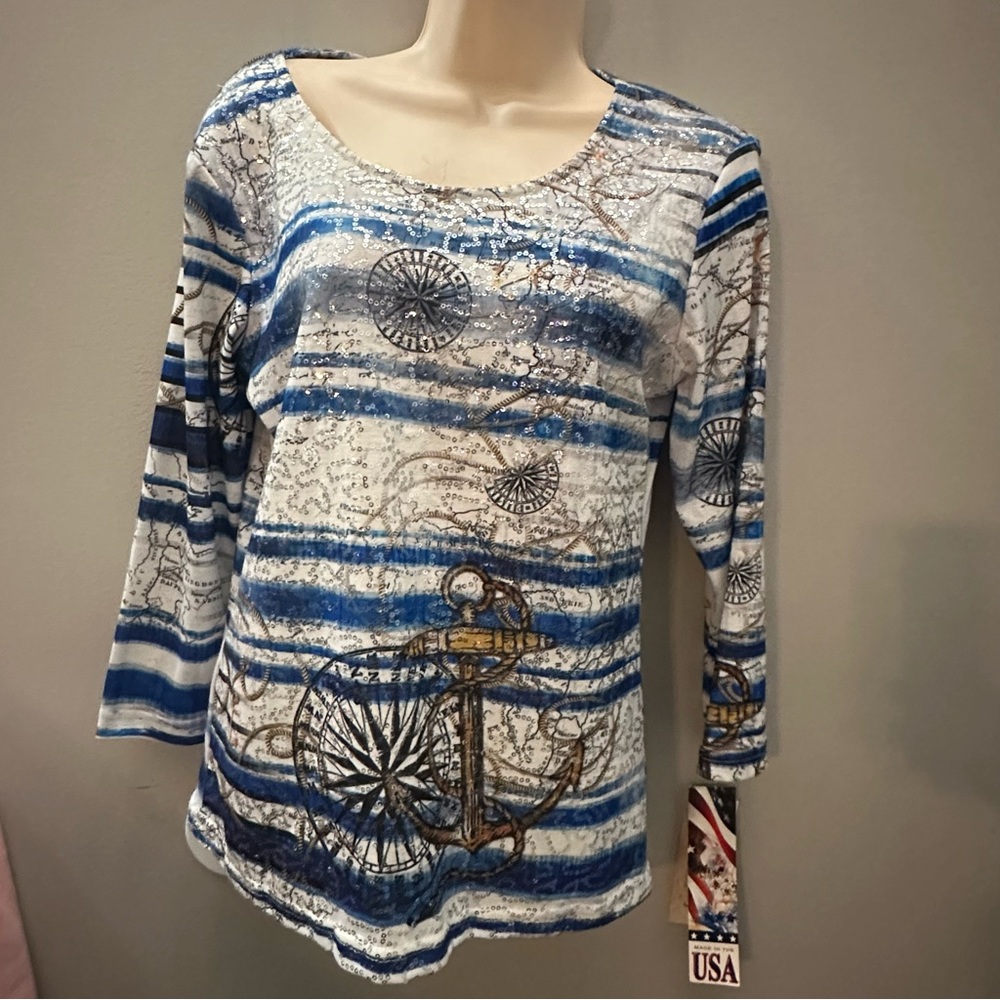 Blue& White Sequin Long Sleeve Top Aquamarine Nautical Compass NWT S